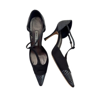 Manolo Blahnik Black Snakeskin T-Strap Pumps