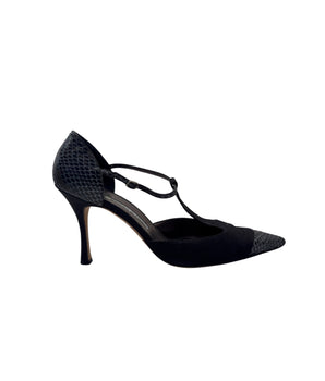 Manolo Blahnik Black Snakeskin T-Strap Pumps
